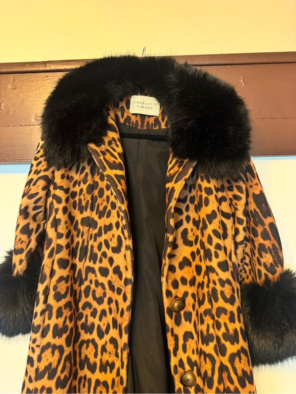 Charlotte Simone Edie Leopard Print Faux Fur Trim Coat - Black & Pink cuffs! - Picture 6 of 9